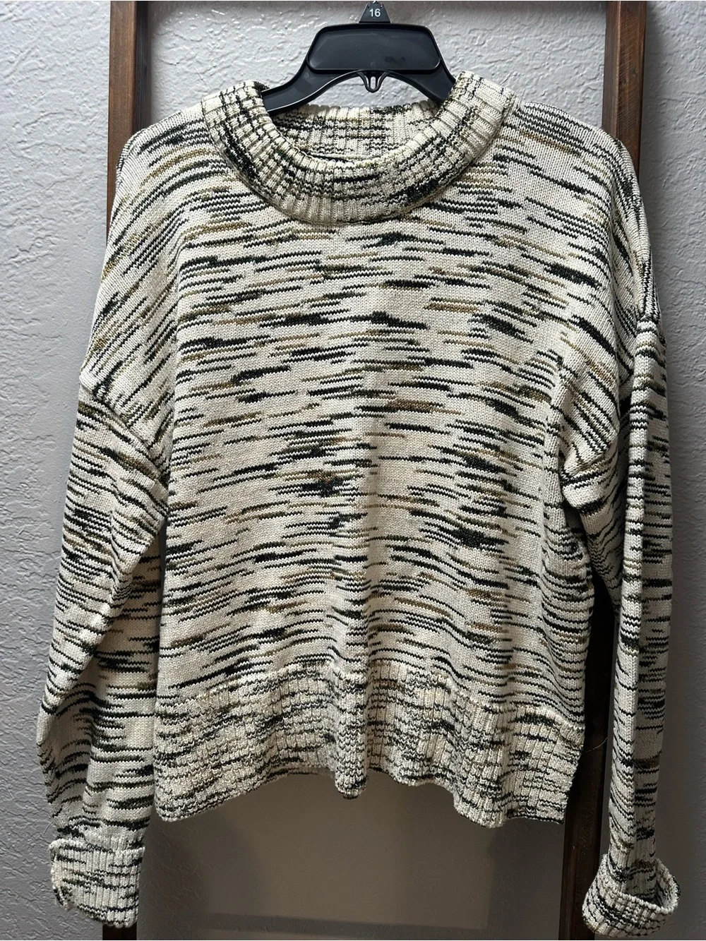 Veronica Beard Cream Space-Dye Crewneck Sweater with Black & Tan Streaks